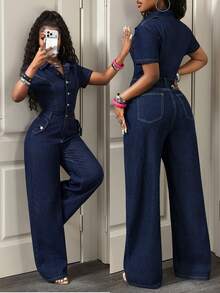 BamGleam Women's Button Casual Daily Denim Jumpsuit - Dark Wash - View 1