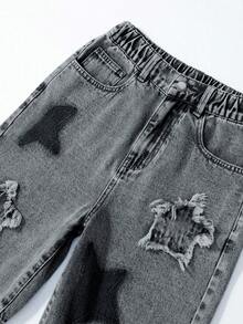 SHEIN ChillGRL Y2K街头风休闲宽松牛仔短裤，适合青少年女孩，浅蓝色水洗牛仔布，饰有做旧雪花和星星刺绣，弹性腰带。 - 淺灰色 - 查看 5