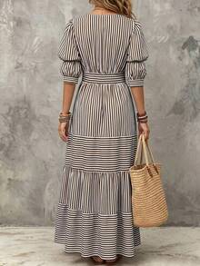 LUMIGAL Women's Striped Deep V-Neck Ruffle Hem Casual Vacation Dress - Coffee Brown - View 2