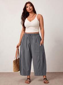 Enliva Plus Size Loose Fit Drawstring Casual Business Casual Cropped Pants Vacation Lounge Gray Summer Fall - Dark Grey - View 7