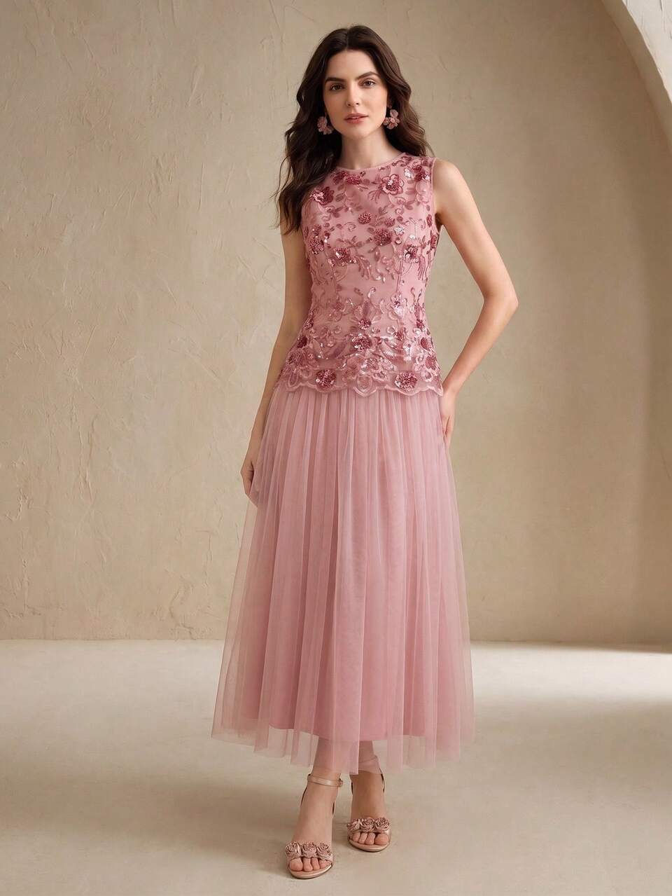 Anewsta Women's Spring/Summer Elegant Romantic Pink 3D Sequin Floral Sleeveless Dress