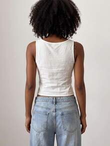 Livesso Women's V-Neck Sleeveless White Solid Lace Trim Button-Up Fitted Cropped Tank Top - White - View 2