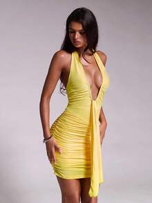 Nuvra Women's 2-In-1 Sleeveless Halter Neck Ribbon Body Shaping Butt Lift Mini Jumpsuit Night Out Club Pale Yellow Summer Bandage Sexy - Yellow - View 10