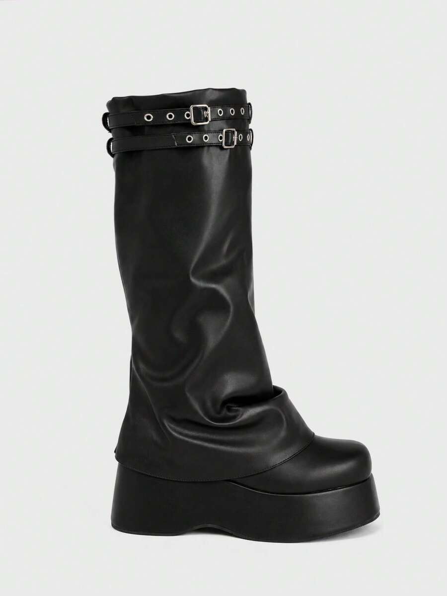 Sugerpunk Ladies, Willow Spikes, Buckles, Trim, Lame-Heeled Boots Fall Shoes - Black - View 1