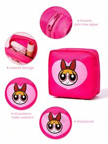 THE POWERPUFF GIRLS X SHEIN 可愛愛心卡通印花收納包，聚酯纖維布料，拉鍊開合，適用於化妝品、數位配件與衛生用品，可單件或套組購買，適合日常旅行 - 粉綠藍 - 查看 3