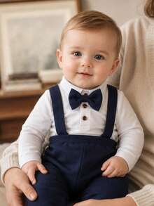 Souflis Souflis 2pcs Setelan Baju Terusan dan Celana Bayi Laki-laki Gaya Retro Preppy Gentleman, Musim Gugur - Navy Blue - View 4