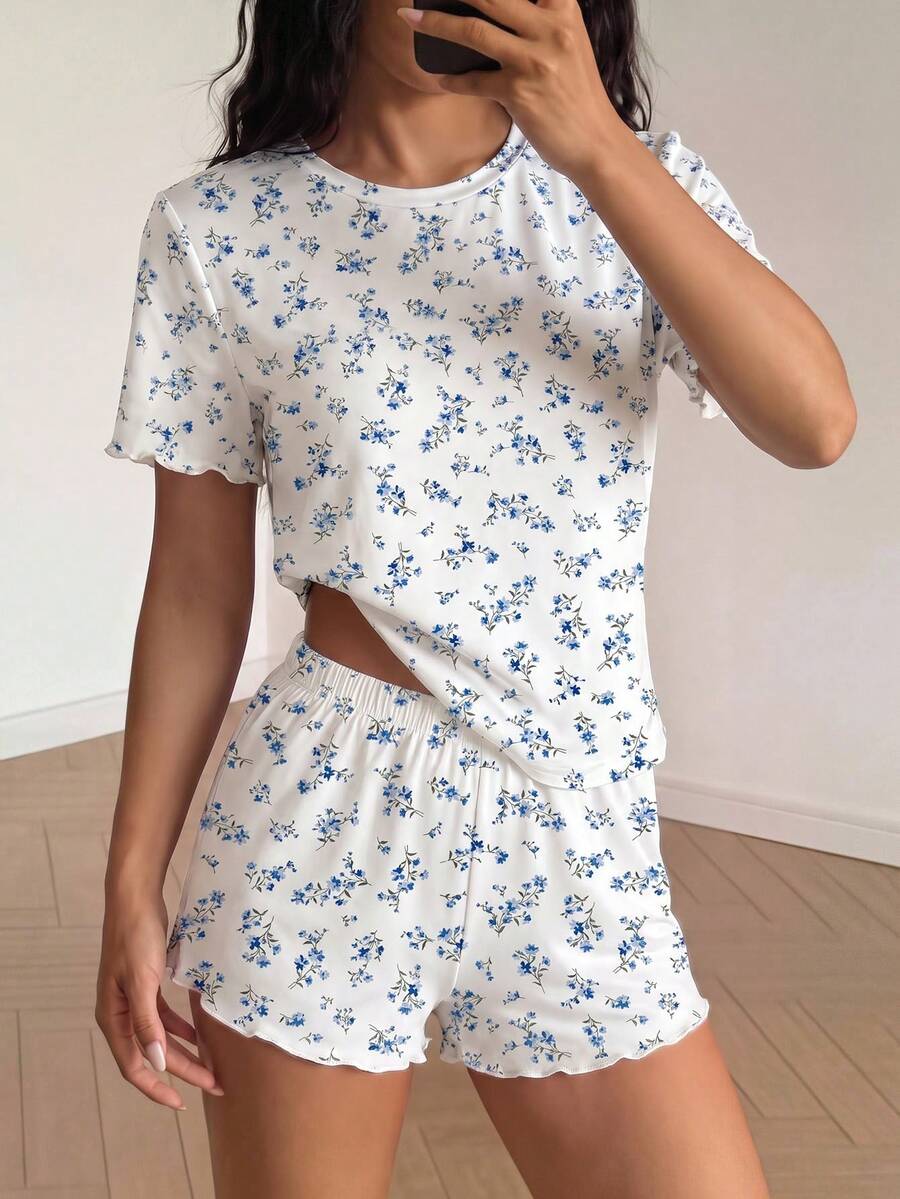 SHEIN 兒童青少年女孩小碎花圓領T恤短褲家居服套裝,休閒舒適居家服 - 藍色 - 查看 1