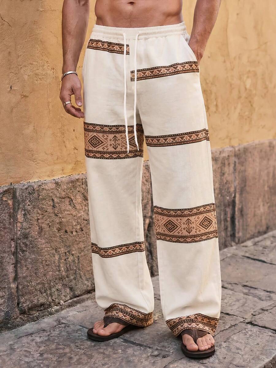 Ocevento Men's Cream Wide-Leg Pants With Colorful Geometric Woven Stripe Bands. Elastic Drawstring Waist In Lightweight Linen-Blend. Relaxed Resort Style For B - Khaki - View 1