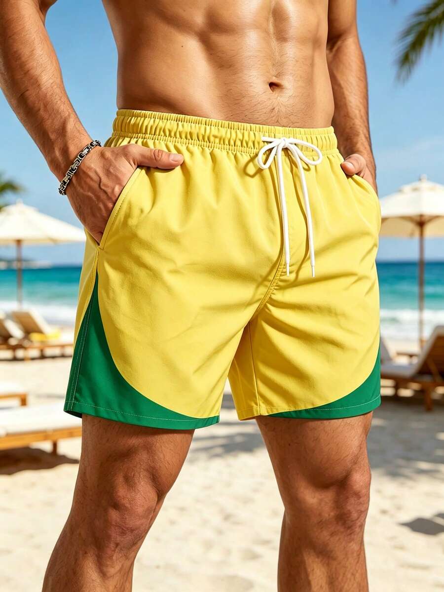 Surfspeed Men's Plus Size Colorblock Patchwork Beach Shorts Holiday / Vacation / Beach / Hawaii / Tropical / Swim / Bathing - Yellow - View 1