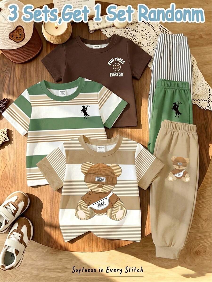 1 Random Set,, Print Round Neck Sleeve T-Shirt And Matching Striped Long Pants Casual Outfit For Boys - Multicolor - View 1