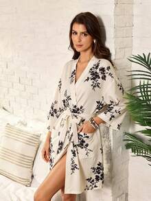Serenescape Classic Black & White Floral Tie-Front Robe, Fashionable Lazy Homewear Pajamas - Apricot - View 4