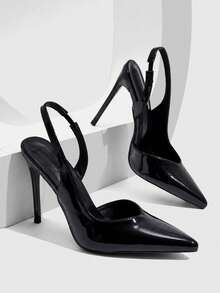 CUCCOO SZL 新款尖頭細高跟鞋，黑色後綁帶，slingback 女款高跟鞋，時尚性感氣質，簡約，適合宴會 - 鏡面黑~! - 查看 1