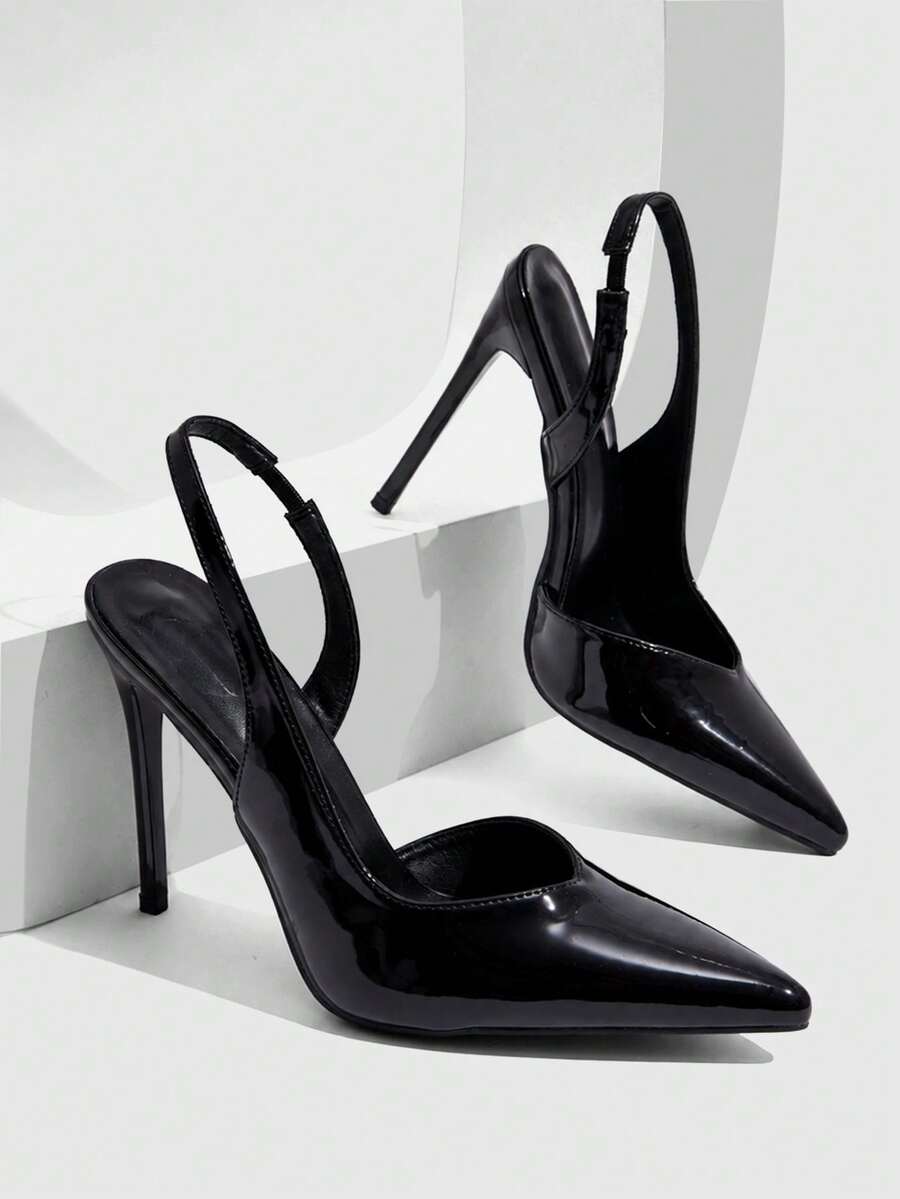 CUCCOO SZL 新款尖頭細高跟鞋,黑色後綁帶,slingback 女款高跟鞋,時尚性感氣質,簡約,適合宴會 - 鏡面黑~! - 查看 1