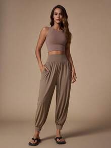 Nuvra Celana Jogger Kasual Wanita Warna Polos dengan Saku - Khaki - View 6