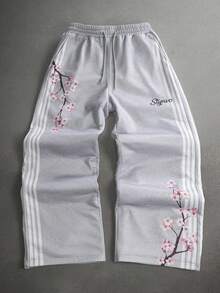 STYNVO 男士抽繩腰花卉條紋印花拼接口袋運動長褲 - 灰色 - 查看 3