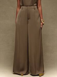 Vixey Matte Satin Wide Leg Trousers, Summer/Spring Work Office Pants, Desk To Dinner, Work To Weekend, Day To Night, Tailored Pants, Versatile Style - Brown - View 1