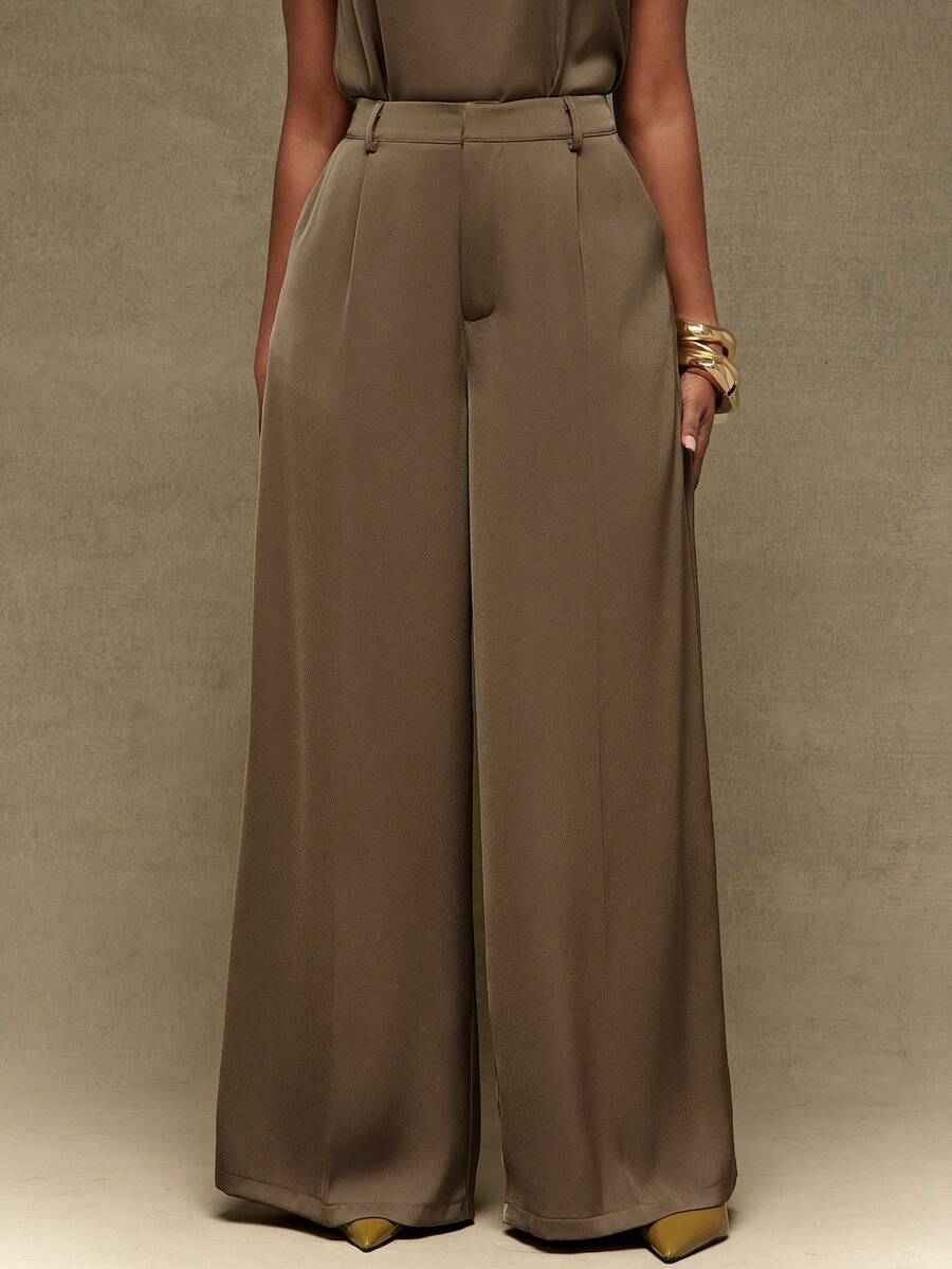Vixey Matte Satin Wide Leg Trousers, Summer/Spring Work Office Pants, Desk To Dinner, Work To Weekend, Day To Night, Tailored Pants, Versatile Style - Brown - View 1
