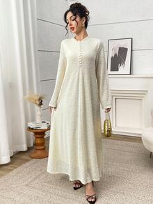 Yasmyna Women's French Elegant Jacquard Button Long Sleeve Arabian Dress - Yellow - View 3