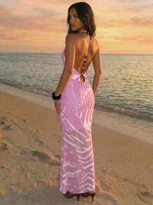 Tropical Leopard Print Backless Dress For Vacation Vacation Beach Pink Zebra Print Summer - Navy Blue - View 10