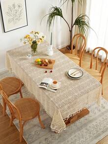 Cirelle 1pc Boho Crochet Round Tablecloth, Vintage Knit Hollow Out Table Cover With Tassels, Rustic Macrame Tablecloth For Dining Room, Kitchen, Cafe Decor - Beige - View 9