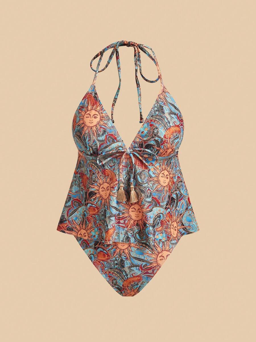 Travachic Women's Summer Beach Sun Face Print Halter Tankini Set - Multicolor - View 1
