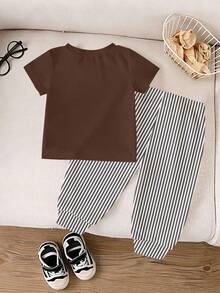 1 Random Set,, Print Round Neck Sleeve  T-Shirt And Matching Striped Long Pants Casual Outfit For Boys - Multicolor - View 3