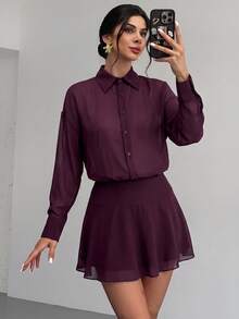 Firerie Deep Purple Red Drapey Chiffon Cinched Waist Ruffle Hem Short Mini Sexy Casual Dress - Red Violet - View 4