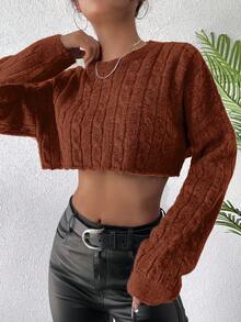 SHEIN Cottnline Drop Shoulder Cable Knit Crop Sweater - Brown - View 4