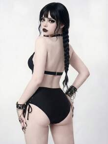 ROMWE 2026 Black Gothic Style Asymmetric Beach Vacation Swimwear Bikini Set For Women - Multicolor - View 2