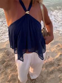 Aloruh 女款優雅掛脖綁帶上衣，配金屬扣飾，海軍藍，適合日常通勤與海灘度假 - 藏蓝色 - 查看 3