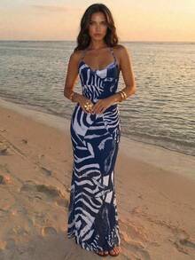 Tropical Leopard Print Backless Dress For Vacation Vacation Beach Pink Zebra Print Summer - Navy Blue - View 5