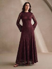 Anewsta Petite Petite Women's Long Summer Dress, Elegant Spring Women's Long-Sleeved Lace Dress, Round Neck Slim-Fit Long-Sleeved Dress, Suitable For New Year's, Christmas, Valentine's Day, Parties, Weddings And Other Occasions, Fashionable, Elegant And Formal. - Burgundy - View 3