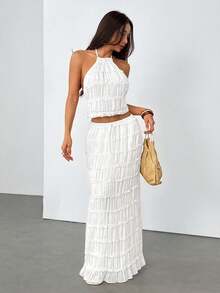 SHEIN PETITE Women's Solid Color Pleated Halter Neck Tank Top And Skirt Fashion 2-Piece Set - White - View 5