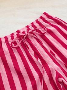 SHEIN EZwear 女款休閒腰部綁帶直筒長褲，適合夏季 - 粉色 - 查看 7
