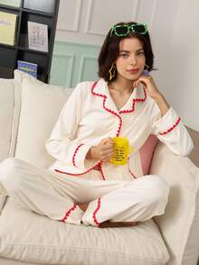 Chillnights Women's Shell Embroidery Contrast Color Pocket Top And Long Pants Pajama Set Sleep Red And White Checkered Autumn Cute Kawaii - White - View 8