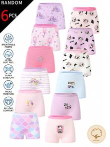 SHEIN 【6件隨機款】女童甜美四角內褲，柔軟粉色、紫色、藍色與白色布料，印有像素卡通熊、美人魚與水豚圖案，可愛條紋設計搭配荷葉邊飾，舒適透氣，適合日常穿著，四季時尚休閒短褲風內褲 - 彩色 - 查看 1