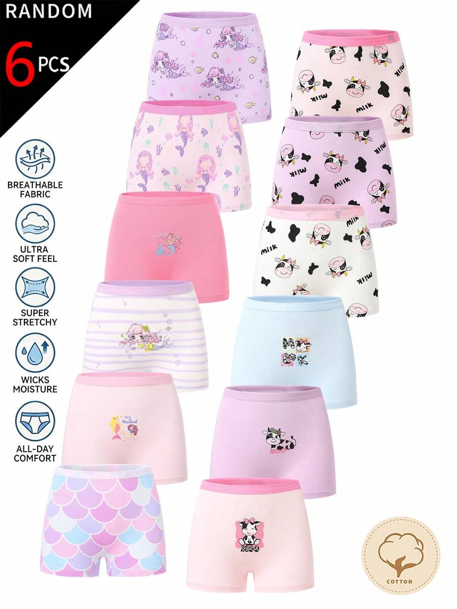 SHEIN 【6件隨機款】女童甜美四角內褲,柔軟粉色、紫色、藍色與白色布料,印有像素卡通熊、美人魚與水豚圖案,可愛條紋設計搭配荷葉邊飾,舒適透氣,適合日常穿著,四季時尚休閒短褲風內褲 - 彩色 - 查看 1