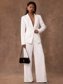 SHEIN BAE Women's Solid Color Mottled Collar Long Sleeve Single Button Jacket And Pants Elegant Suit Casual Set - White - View 4