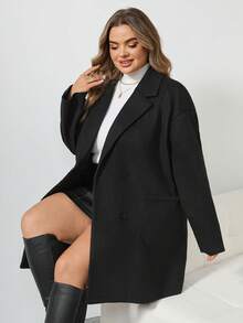SHEIN CURVE+ Plus Size Casual Versatile Wool Blend Coat, Autumn/Winter - Black - View 4