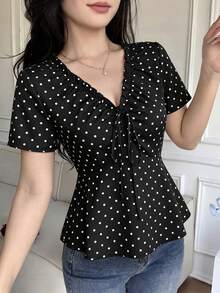 Celisse French Polka Dot V-Neck Cinched Waist Blouse With Ruffle Hem And Drawstring Short Sleeve Shirt, Sexy Style, Slimming, Youthful, Elegant - Black - View 1