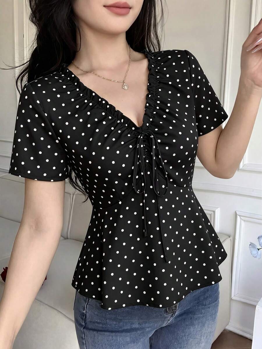 Celisse French Polka Dot V-Neck Cinched Waist Blouse With Ruffle Hem And Drawstring Short Sleeve Shirt, Sexy Style, Slimming, Youthful, Elegant - Black - View 1