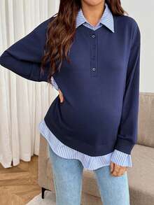 SHEIN Maternity Striped Patchwork 2 In 1 Sweatshirt Fall Teachers' Day Office Party Maternity Photoshoot Formal Navy Blue Casual Elegant - Blue - View 2