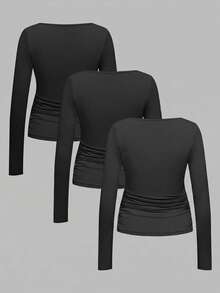 SHEIN Maternity Casual Versatile Solid Color Ruched Slim Fit Long Sleeve T-Shirt - Black - View 2