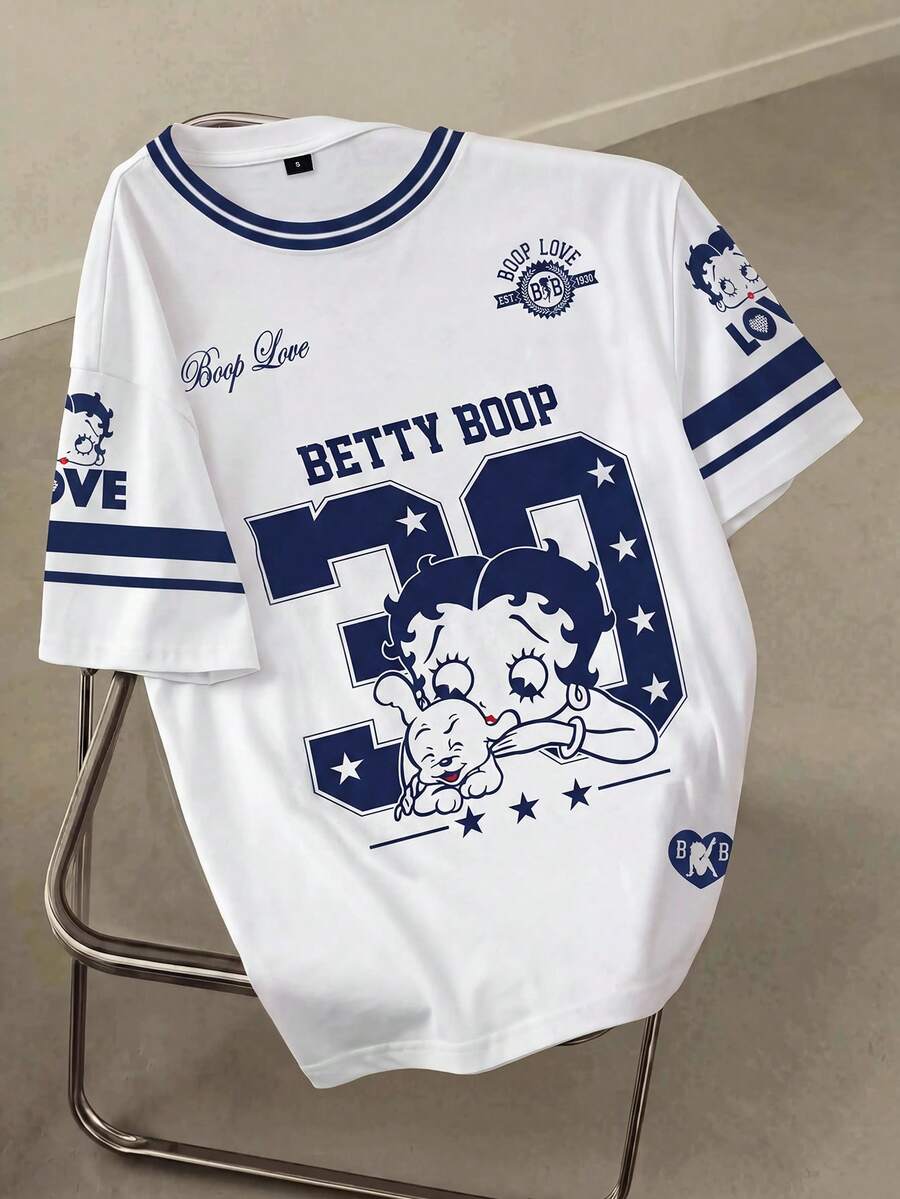 Betty Boop x SHEIN 女士圆领短袖休闲T恤,全印花设计 - 白色 - 查看 1