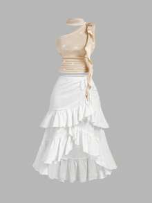 SHEIN MOD Plus Size Women Textured Fabric Layered Ruffle Drawstring Asymmetrical High-Low Skirt Summer Boho Bohemian Vacation Brunch White - White - View 9