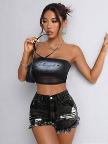 SHEIN PETITE 女款口袋設計做舊毛邊休閒百搭牛仔短褲，適合嬌小女性 - 灰色 - 查看 3