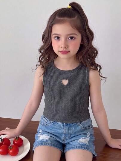 SHEIN Genkimix Kids Young Girl Summer Hollow Heart Embroidered Fashionable Casual Sleeveless Top, Comfortable Versatile Solid Color Tank