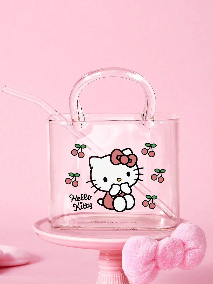 HELLO KITTY AND FRIENDS | SHEIN 卡通櫻桃印花硼矽酸鹽手提包造型玻璃杯附吸管,可盛裝飲品與水,亦可作為花瓶或迷你魚缸,多功能裝飾玻璃器皿 - 無色 - 查看 1