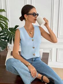 Serisse Casual Versatile Commute Solid Color Knit Vest - Baby Blue - View 1