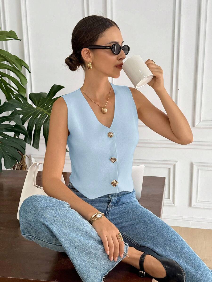 Serisse Casual Versatile Commute Solid Color Knit Vest - Baby Blue - View 1